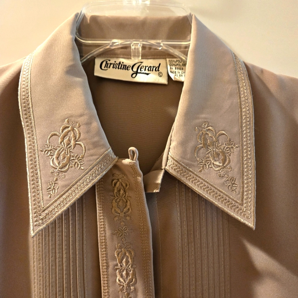 Christine Gerard Woman's Embroidered Taupe Blouse, Size 8, Long Sleeve